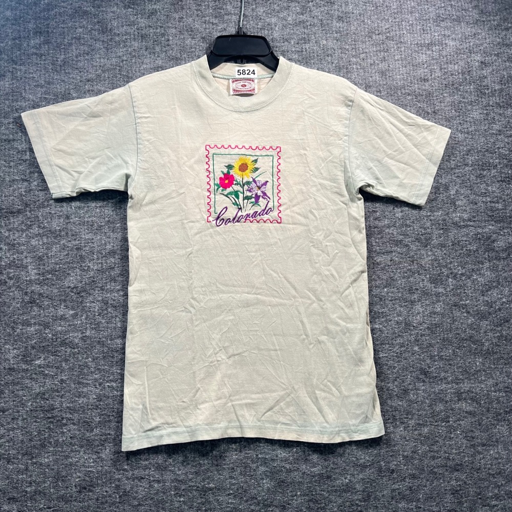 Vintage Time Square Sportswear Colorado Floral Stamp T-Shirt Small Sage 90s USA